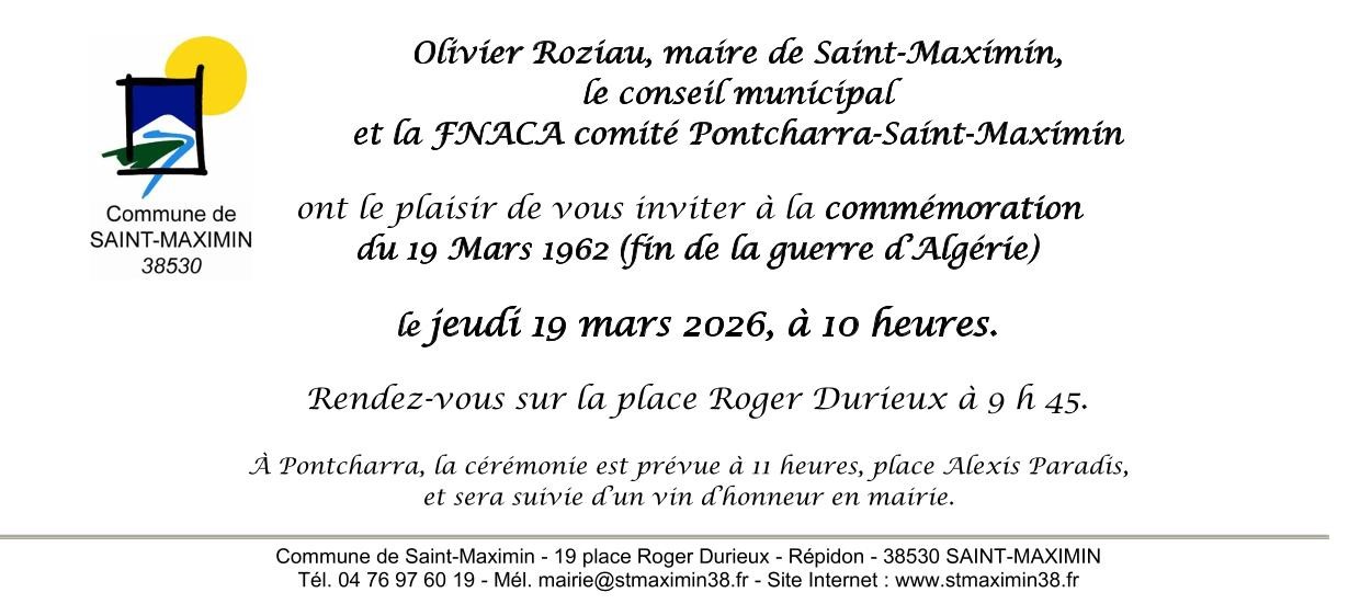 Cérémonie du 19 mars 2026 - rendez-vous à 9 h 45 sur la place Roger Durieux