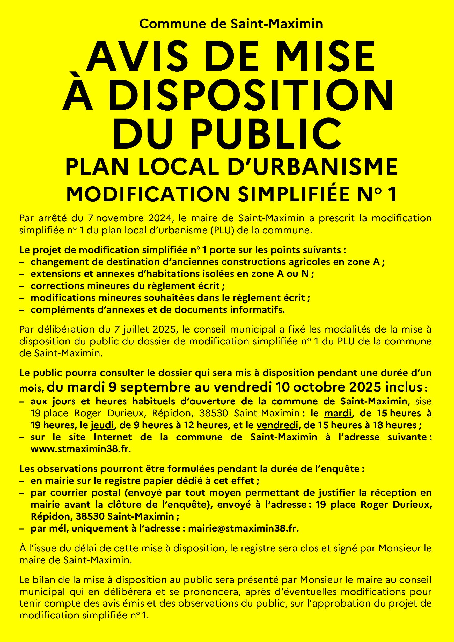 Modification simplifiée PLU 1 Affiche mise a disposition